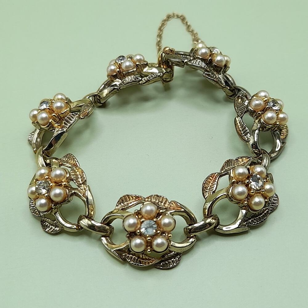 Vintage Coro Pearl Rhinestone Bracelet Gold Tone Floral 1960s